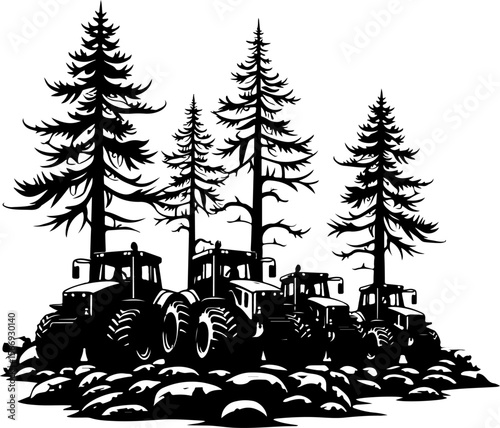 Tractors in a Forest Landscape  trees, agriculture,  vector bundle