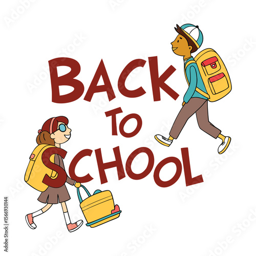 Happy diverse children with backpacks walking to school with text