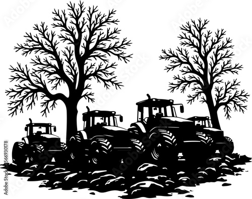 Tractors in a Forest Landscape  trees, agriculture,  vector bundle