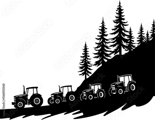 Tractors in a Forest Landscape  trees, agriculture,  vector bundle