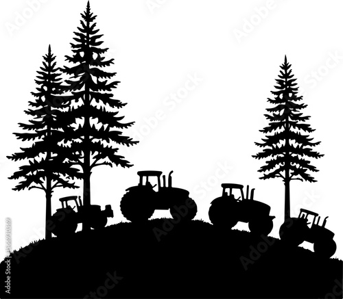 Tractors in a Forest Landscape  trees, agriculture,  vector bundle