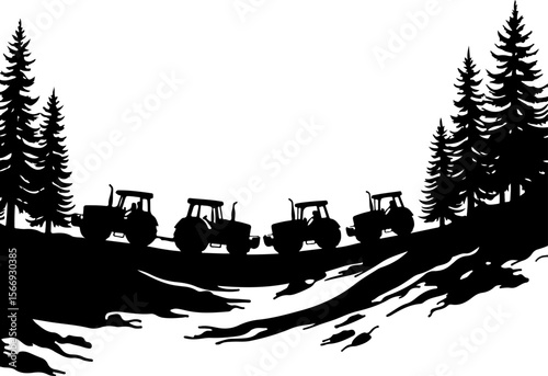 Tractors in a Forest Landscape  trees, agriculture,  vector bundle
