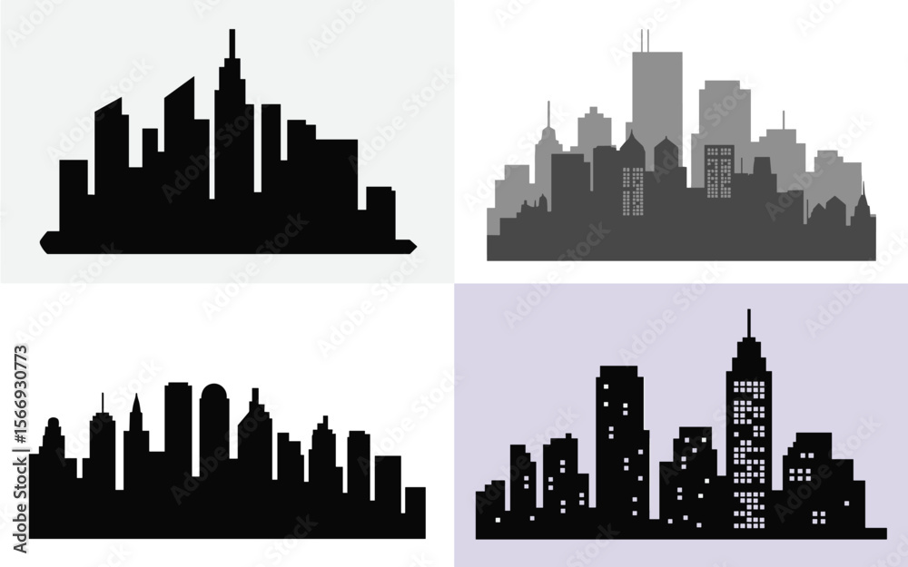 Naklejka premium City Skyline Silhouette Set – Urban Architecture Variants in Grid Format