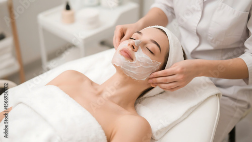 A young woman with a facial mask on, lying comfortably on a spa bed.