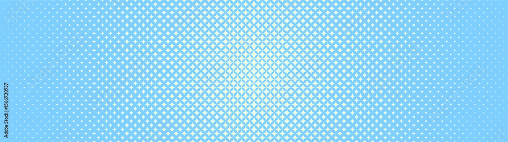 Stars trendy halftone pattern radial gradient ultra wide 32:9 aspect ratio white blue vector abstract background. Half tone graphic twinkle blink grid panoramic ultrawide format light abstraction