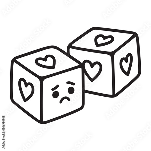 Cute cartoon dice with sad faces and hearts, perfect for Valentine's Day or love-themed design.