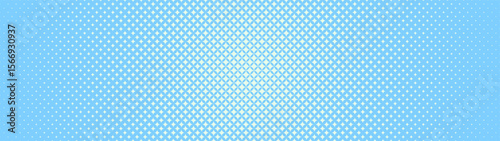 Stars trendy halftone pattern radial gradient ultra wide 32:9 aspect ratio white blue vector abstract background. Half tone graphic twinkle blink grid panoramic ultrawide format light abstraction