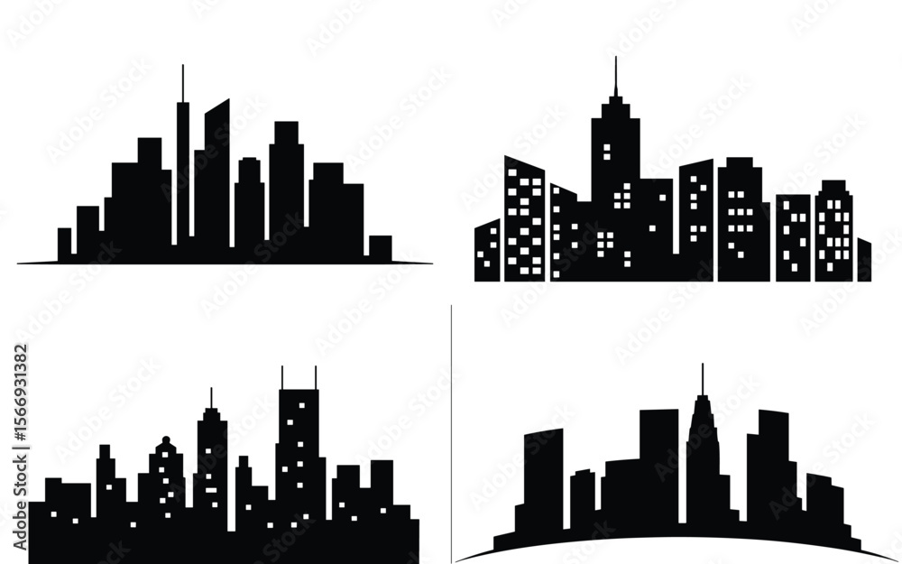 Naklejka premium City Skyline Silhouette Set – Urban Architecture Variants in Grid Format