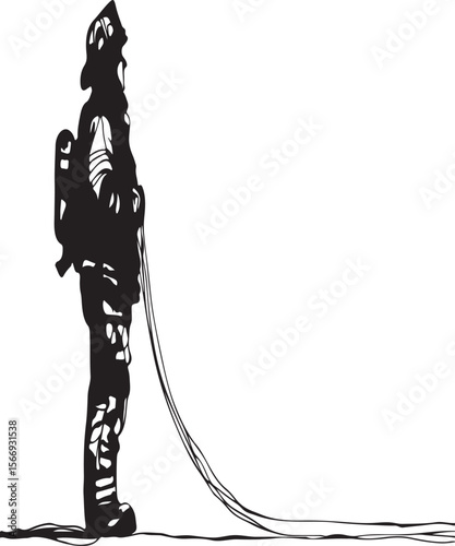  Continuous line art of a firefighter holding a hose, minimalist and elegant in black-and-white only