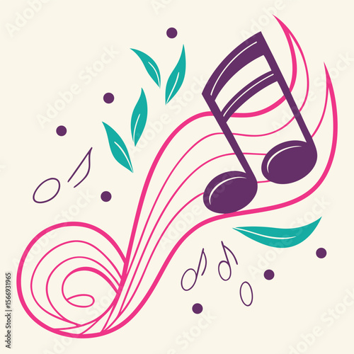 Abstract Upbeat Music Note Design Pink Purple Teal Green Swirls Leaves vector