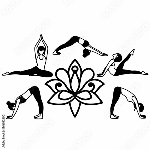 Group of women practicing yoga poses around a lotus flower isolated on white background