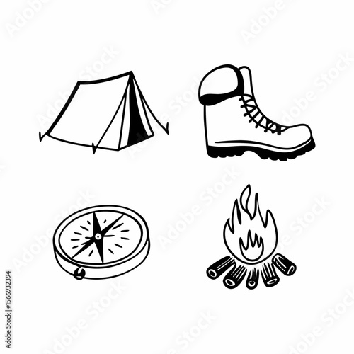 Camping and hiking icons including tent boot compass and campfire isolated on white background