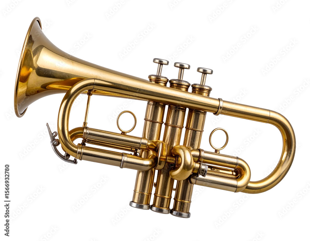 Obraz premium Vintage Brass Trumpet with Three Valves and Patina Finish, isolated on a transparent background