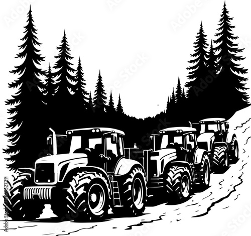 Tractors in Mountain Landscape tree  , farm, farming,  vector bundle