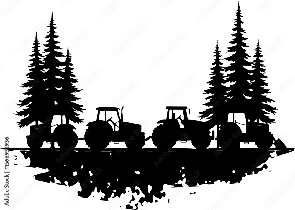 Fototapeta premium Tractors in Mountain Landscape tree , farm, farming, vector bundle
