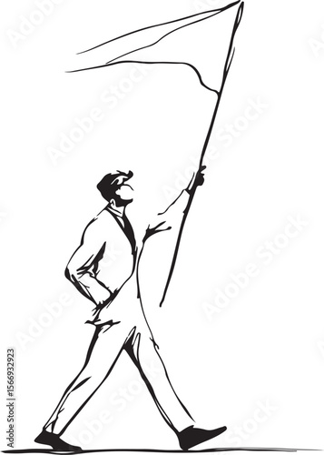 Continuous line art of a tour guide holding a flag, minimalist, elegant, and black-and-white only