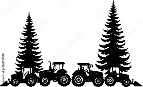 Tractors in Mountain Landscape tree  , farm, farming,  vector bundle