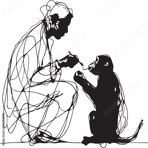 Continuous line art of a zookeeper feeding an animal, abstract and black-and-white only.