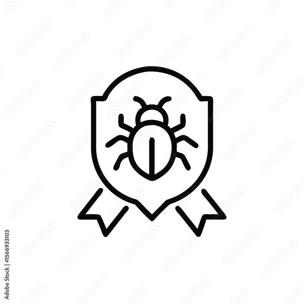 Obraz premium Line art bug icon inside a shield with ribbon elements on a insect beetle