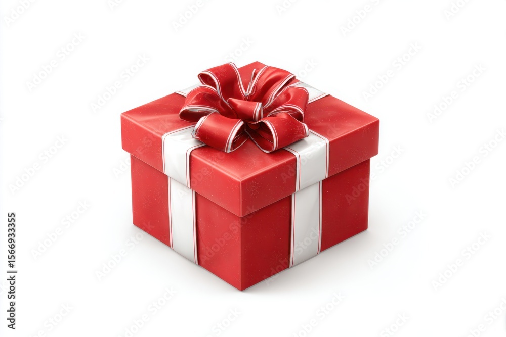 Obraz premium A beautifully wrapped red gift box with a large festive red bow and white ribbon