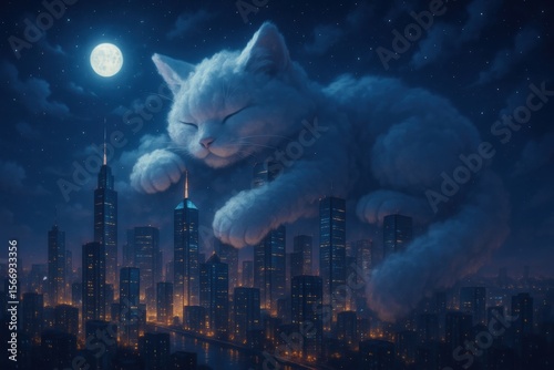A giant fluffy cat cloud hovers over a city skyline at night, illuminated by a full moon.
