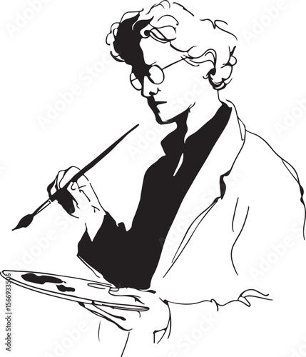 Continuous line art of an artist with a paintbrush and palette, minimalist and elegant in black-and-white only.