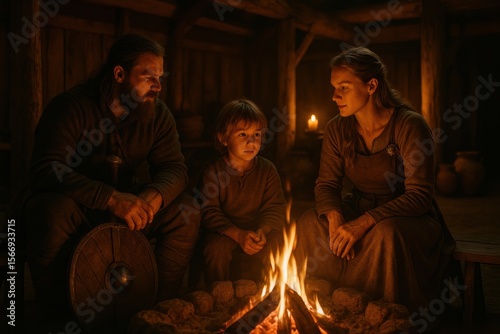 Family gathered around a fire in a rustic, dimly lit setting.