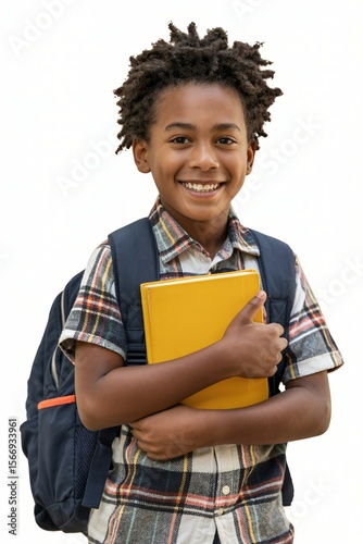  A cheerful young boy with a wide smile poses confidently, ready for learning. He wears a plaid shirt and a blue backpack, while securely holding a bright yellow book close to his chest. 