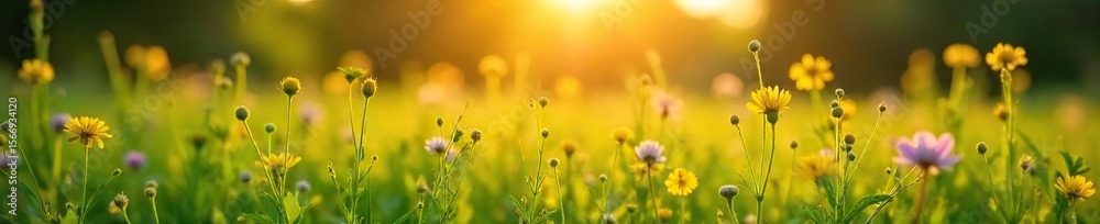 Fototapeta premium Golden Hour Sunlight Illuminates Vibrant Summer Meadow, Lush Green Grass, Wildflowers, Picturesque Landscape Perfect for Summer, Nature, Carefree Themes