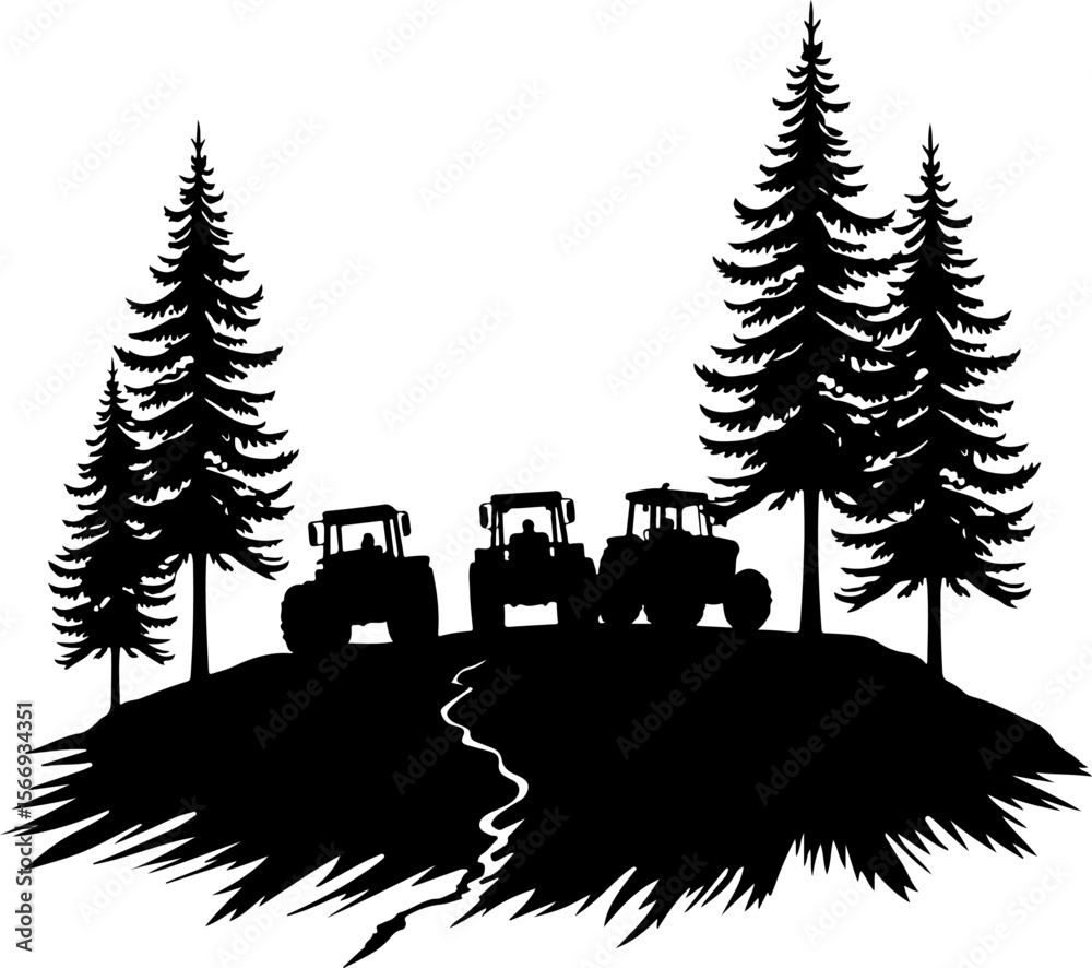Fototapeta premium Tractors in Mountain Landscape tree , farm, farming, vector bundle