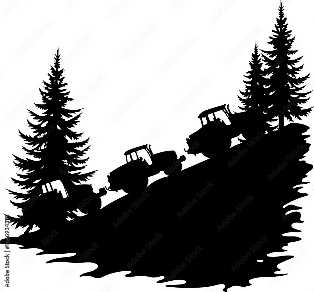 Fototapeta premium Tractors in Mountain Landscape tree , farm, farming, vector bundle