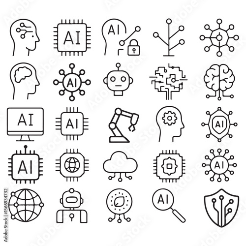 Outlined AI Symbols for Robotics and Machine Learning Themes

