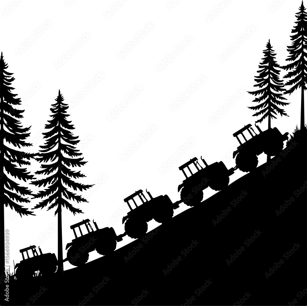 Fototapeta premium Tractors in Mountain Landscape tree , farm, farming, vector bundle