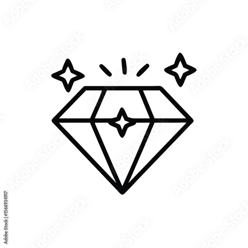 Outline diamond symbol with star accents radiating lines on a jewel sparkle