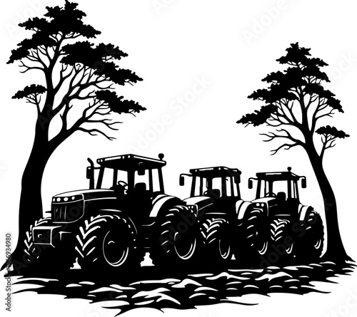 Tractors in Mountain Landscape tree  , farm, farming,  vector bundle