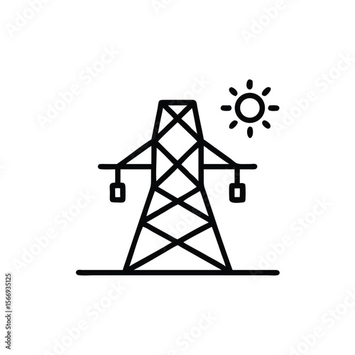 Line art a power pylon with sun symbol on electricity energy