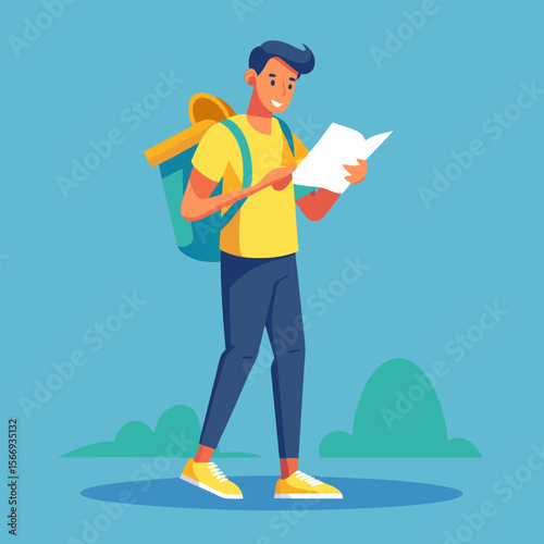 Young Curious Traveler Reading a Map – Vector Illustration