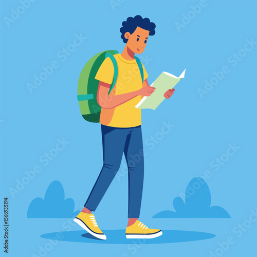 Young Curious Traveler Reading a Map – Vector Illustration