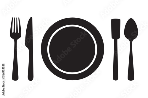 Clean plate icon exhibits fork, knife, and spoon silhouette vector illustration on white background