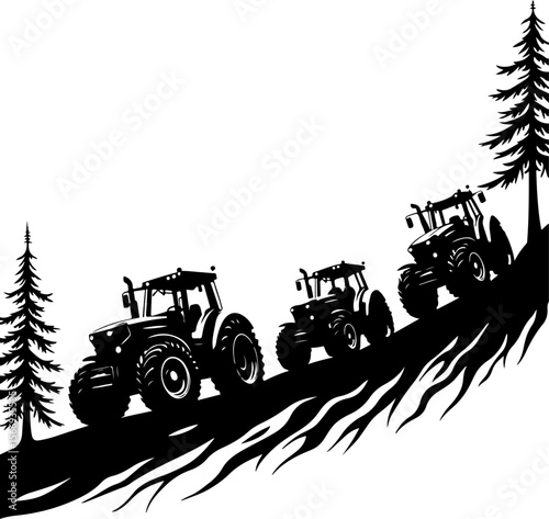 Tractors in Mountain Landscape tree  , farm, farming,  vector bundle