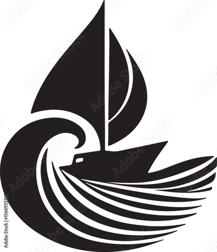 Elegant abstract line art logo of a sailboat on waves, minimalist and black-and-white only