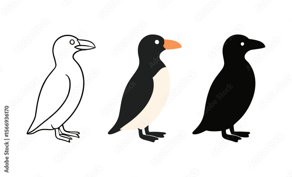 Naklejka premium Evolution of cartoon penguin: outline, colored, and silhouette versions in a row