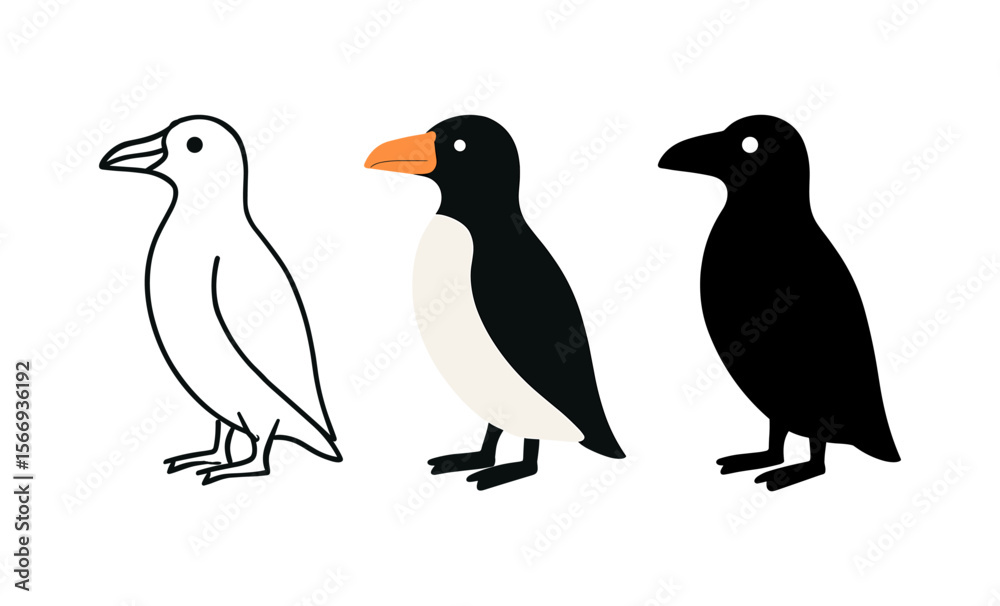 Fototapeta premium Penguin drawing guide: outline, filled, and silhouette variations for art projects