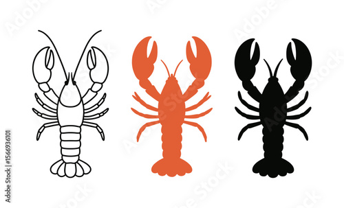 Vector lobster silhouettes in black, white, and orange for diverse design projects