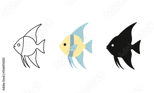 Angelfish evolution: outline, full color, and silhouette in minimalist design