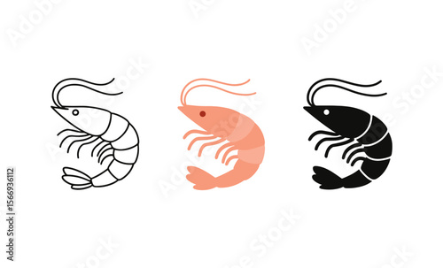 Minimalist shrimp illustrations in black, white, and coral variations