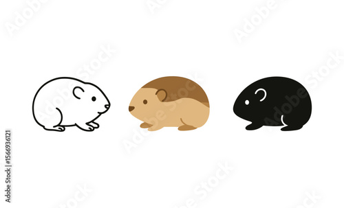 Trio of adorable guinea pigs in minimalist design featuring white, brown, and black colors