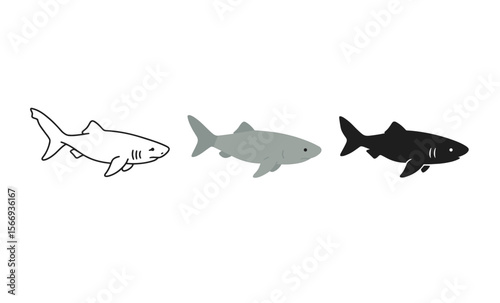 Three stylized shark silhouettes: outline, grayscale, and solid black variations