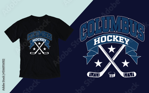 Columbus hockey emblem with crossed hockey sticks and puck, Columbus day t shirt