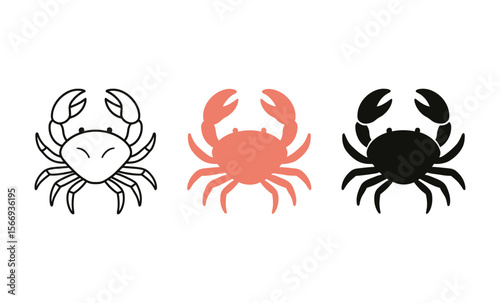 Minimalistic crab icons trio in black, white, and coral on white background